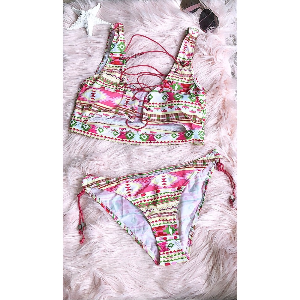Tribal Print Lace Up Cheeky Bikini